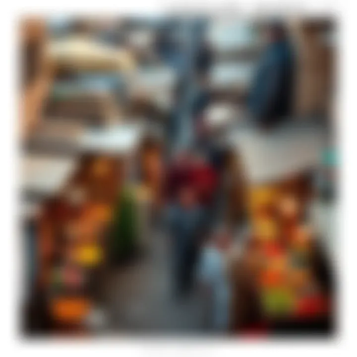 An aerial view of a bustling old market, illustrating the vibrant community life and economic activity.