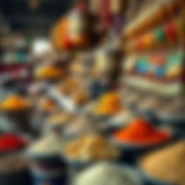 Colorful spices and local products displayed in an old market, symbolizing the culinary richness of the UAE.